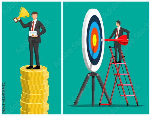 Business man standing on coin stack holding trophy and certificate, another man aiming dart at target from ladder. Financial success concept.