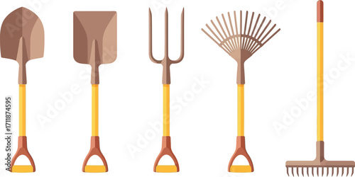 Collection of essential gardening tools for soil and lawn care