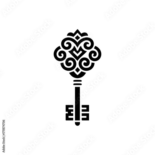 Elegant vintage key vector icon with an ornate head, representing access, security, password protection and unlocking ideas for real estate, hotels and boutique brand identities.
