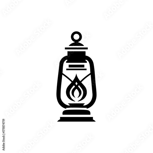 Minimal camping lantern vector icon with an inner flame, symbolizing light, safety, night exploration, caving, survival gear and outdoor adventure branding on a clean background.
