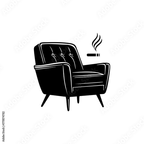 Minimal vintage armchair with a lit cigarette, representing cigar lounge relaxation, luxury interiors, nightlife and smoking area signage.
