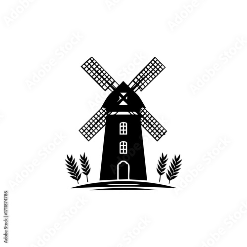 Classic windmill with wheat stalks icon, symbolizing agriculture, grain milling, bakery flour, rural heritage and sustainable countryside brands.
