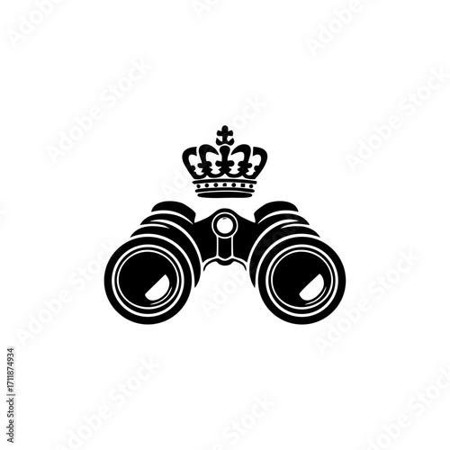Luxury binoculars with crown vector icon, representing premium safari, elite exploration, travel, leadership and vision branding.
