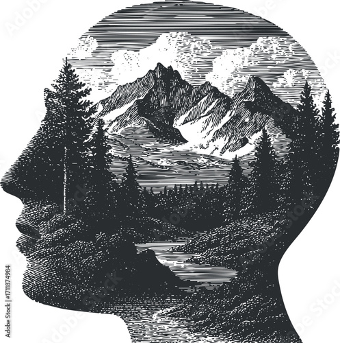 A creative illustration depicting a profile silhouette filled with a mountainous landscape and forest.