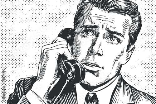 A vintage style illustration of a man speaking on the telephone with a serious expression.