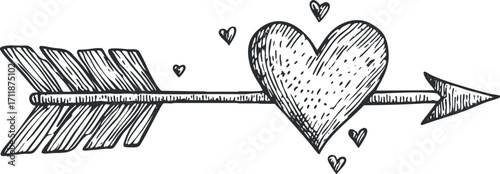 A sketchy illustration of an arrow piercing through a heart surrounded by smaller hearts.