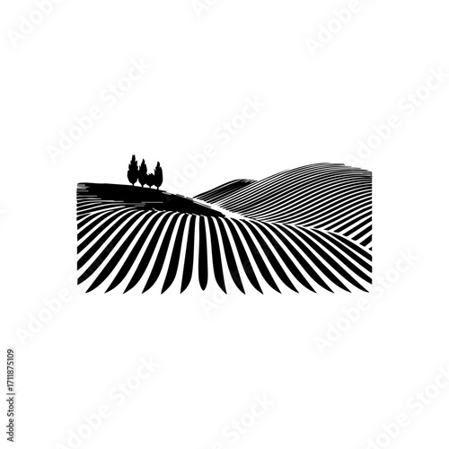 Abstract vineyard rows with rolling hills and trees, representing wine country, agriculture, and rural landscapes.
