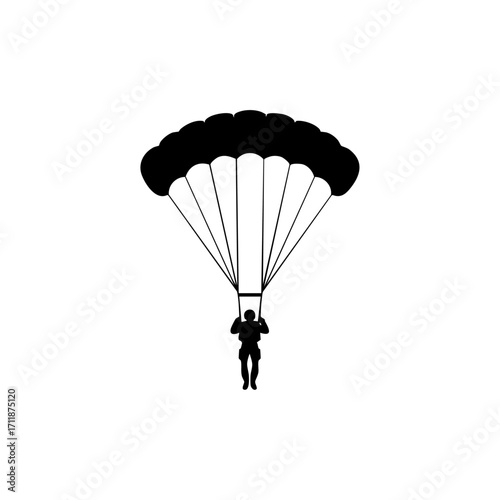 Silhouette of skydiver descending with parachute, symbolizing adventure sports, extreme activity, freedom and outdoor recreation.
