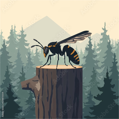 Wasp on tree stump in stylized forest suitable for nature, wildlife, or environmental designs and publications. Great for educational materials.