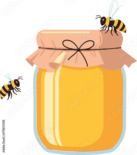 Sweet honey in a jar with bees buzzing around, perfect for natural food products.