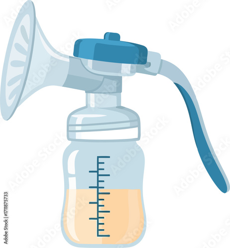 Manual breast pump with measurement markings on bottle, ready for use