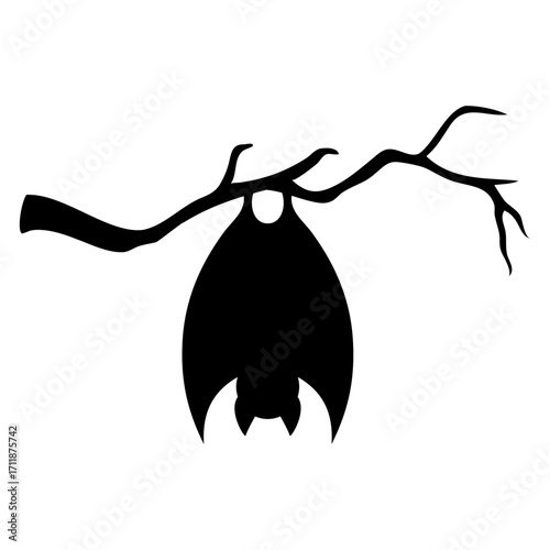 Logo con silueta de murciélago colgando de una rama de árbol para felicitaciones y tarjetas de Halloween