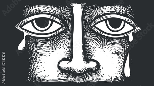 Illustration of a face with expressive eyes and tears depicting deep emotions and sadness.