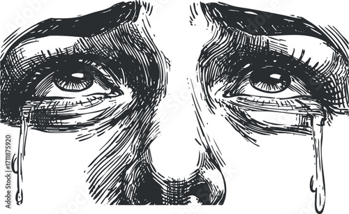 An artistic black and white illustration of a face with tears flowing from the eyes.