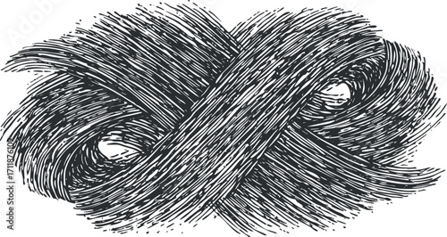 An intricate hand-drawn design featuring swirling lines and curves creating an abstract knot.
