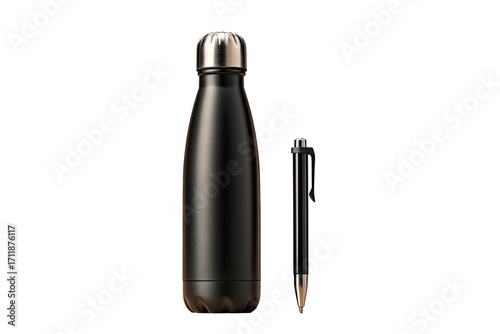 Black insulated water bottle and pen