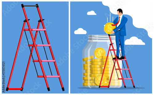 Man putting gold coin into glass money jar, standing on red stepladder. Savings investment and financial growth concept.