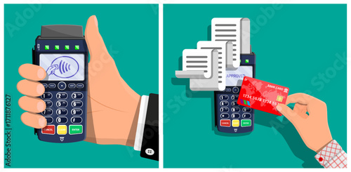 Man holding pos terminal for contactless payment and hand with credit card making transaction. Modern financial technology concept.