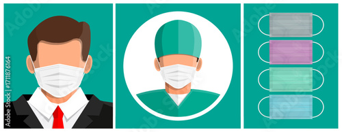 Man and surgeon wearing medical mask. Safety precaution and respiratory protective equipment for health awareness and virus prevention.