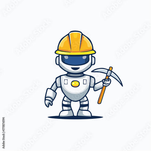 Friendly cartoon robot miner in hard hat holding a pickaxe on a white background, illustration
