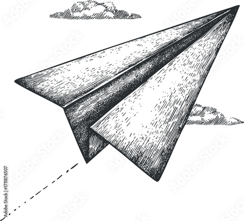 A hand-drawn illustration of a paper airplane soaring through a cloudy sky.