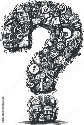 A creative illustration of a question mark filled with various doodles and symbols representing curiosity and inquiry.
