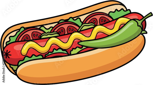 Delicious hot dog with fresh toppings and a spicy chili pepper