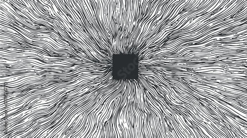 An abstract black and white design featuring flowing lines radiating from a central square.