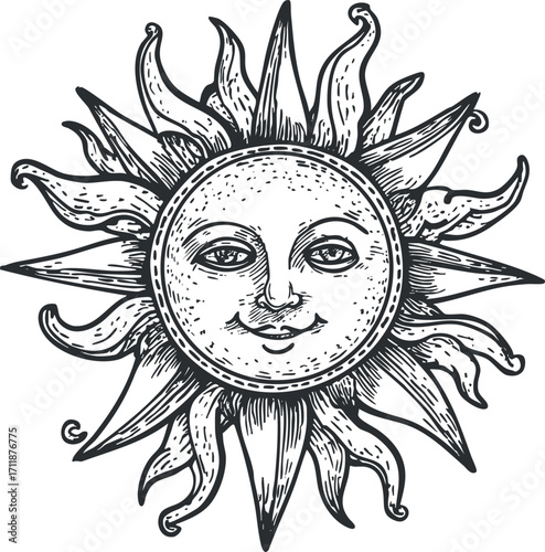 Vintage illustration of a smiling sun with rays and a joyful expression in black and white.