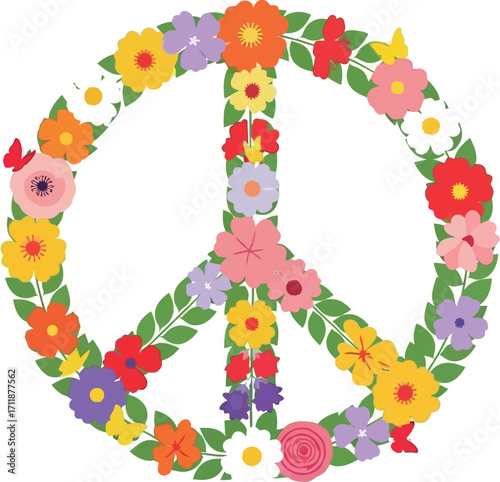 Vibrant floral peace sign blooming with colorful flowers and green leaves
