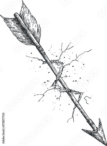 A detailed illustration of an arrow breaking through a surface with cracks and debris.