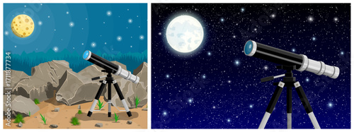 Telescope observing moon and stars. Astronomy, education, discovery. Flat style vector illustration.