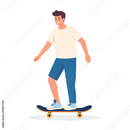A young man is skateboarding, smiling and enjoying the ride in a casual outfit.