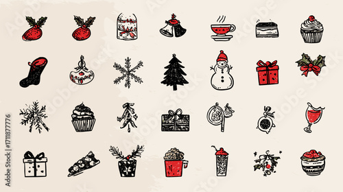 Hand-drawn festive holiday icons collection