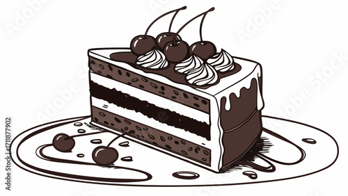 A delicious slice of chocolate cake with cherries and whipped cream served on a plate.