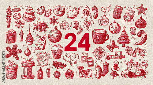 Festive holiday doodles with number 24