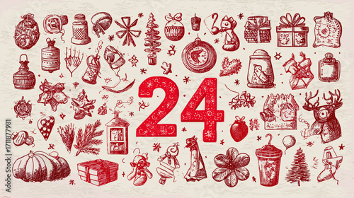 Christmas-themed illustration collage with number 24