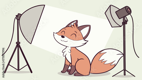 Adorable Fox in a Photography Studio Setup Cartoon Illustration Cute Animal Character Soft Lighting.