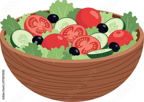Fresh garden salad with tomatoes, cucumbers, and olives in a wooden bowl, healthy food concept