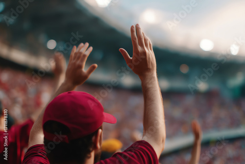 A person wearing a red cap and shirt raises hands in a crowded stadium, cheering or celebrating during a sporting event with blurred audience and stadium lights in the background