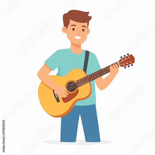 Cartoon illustration of a boy playing an acoustic guitar, smiling happily.