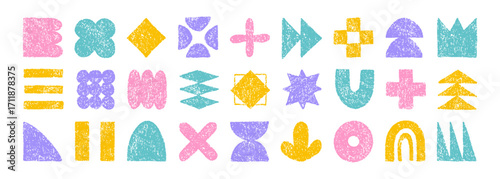 Colorful shapes and brutal figures with crayon pencil rough texture. Abstract vector hand drawn element set. Graphic sticker icon