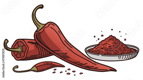 Chili peppers powder spice seasoning ingredient cooking food red hot paprika cayenne culinary recipe illustration vector design element graphic artwork cartoon drawing hand-dr.