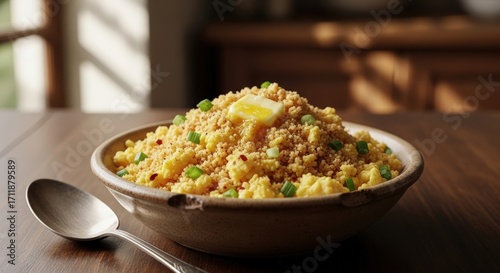 Close-up shot of a bowl filled with couscous, garnished with butter and herbs.