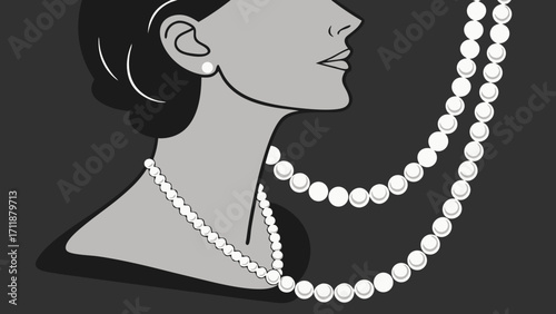 Elegant womans profile with pearl necklace and earrings monochrome illustration fashion design jewelry beauty style glamour sophisticated classic timeless elegant graceful minimalist.