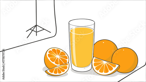 Fresh Orange Juice Still Life with Fruit and Studio Lighting Setup.