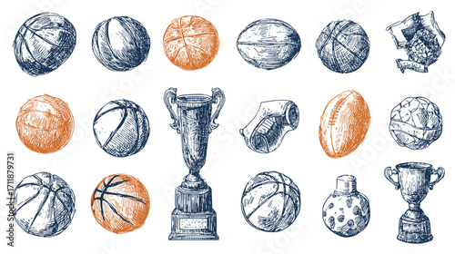 Hand-drawn sports balls and trophies collection