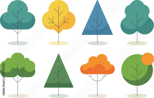 Collection of stylized, colorful trees in various geometric shapes and forms