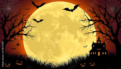 Halloween Night Spooky Full Moon and Haunted House