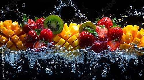Vibrant strawberries, kiwi slices, and cubed mango splash into refreshing water with dynamic droplets.